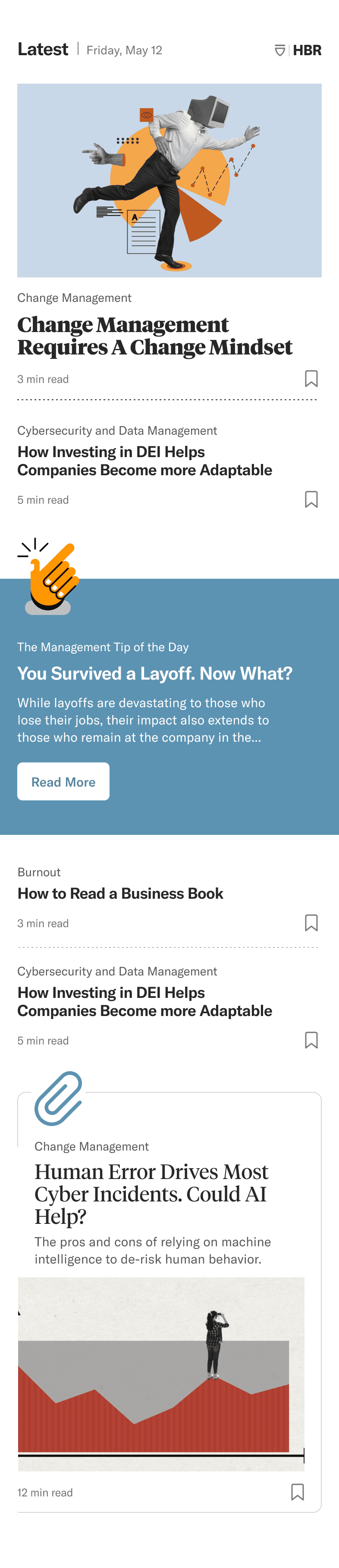 Screenshot of the Harvard Business Review mobile app. Showing a feed of articles.